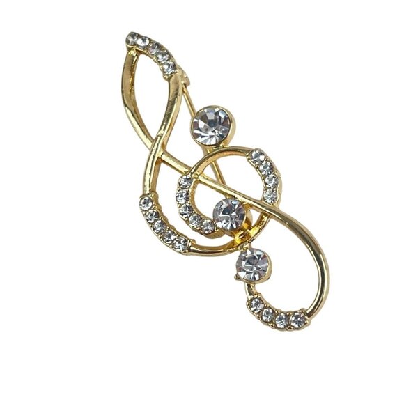 Gold-Plated Musical Note Brooch Pin With Rhinestones  Jewelry For Music Lovers - Picture 1 of 6